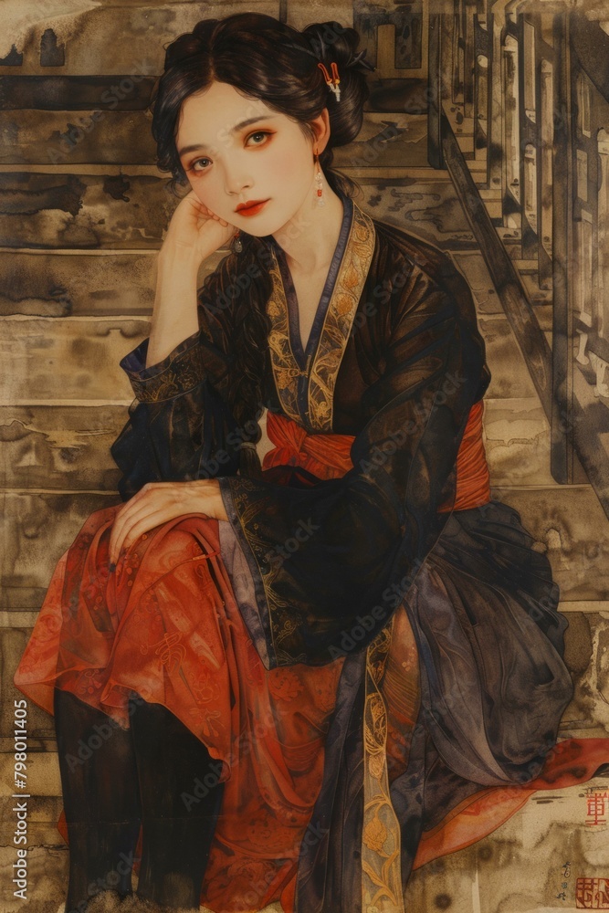 b'A thoughtful young woman in Hanfu sits on the stairs' b'A thoughtful young woman in Hanfu sits on the stairs'