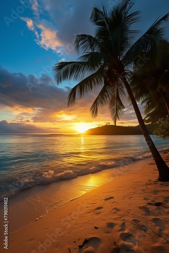 b'Beach sunset with palm trees'