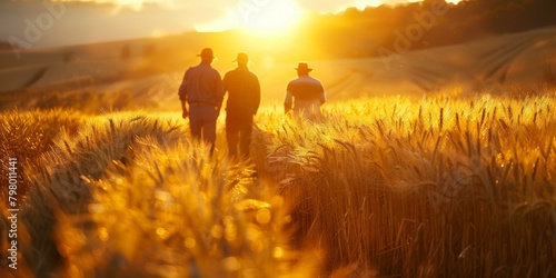 b Three farmers walking in a wheat field at sunset 