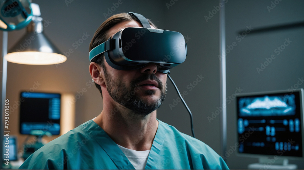 A surgeon wearing a VR headset to practice complex surgical procedures in a simulated operating room, improving surgical precision and reducing the risk of errors during actual surgeries. Generated AI A surgeon wearing a VR headset to practice complex surgical procedures in a simulated operating room, improving surgical precision and reducing the risk of errors during actual surgeries. Generated AI