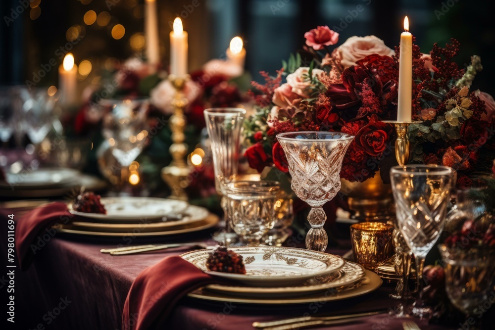 b'Elegant and Luxurious Table Setting with Red and Gold Accents'