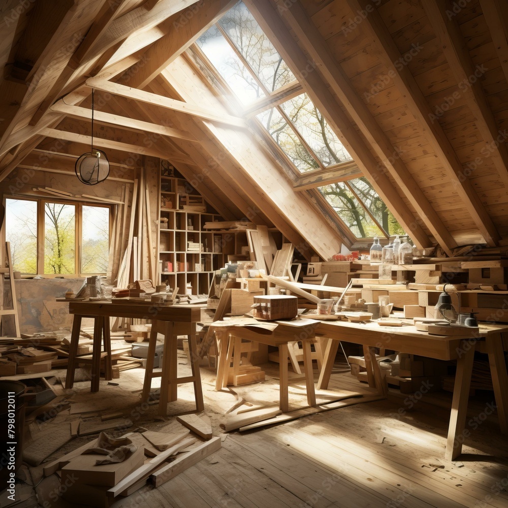 b'A carpentry workshop in the attic of a house'
