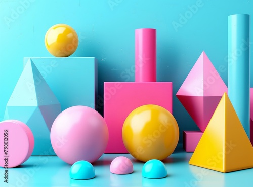 b'Colorful 3D shapes including spheres, cubes, and pyramids'