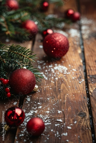 b'Red Christmas ornaments on a wooden background with snow'