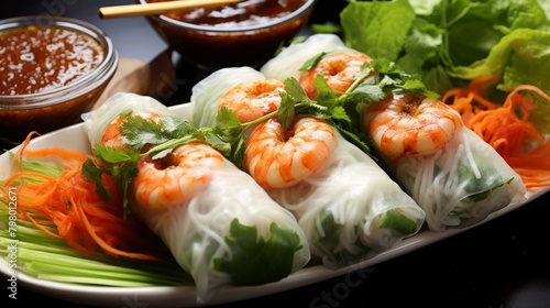 b'Fresh and delicious Vietnamese summer rolls with shrimp, vegetables, and rice noodles'