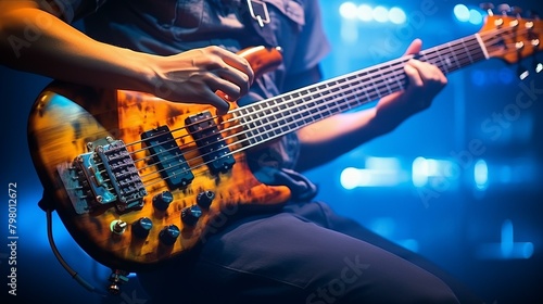 b'A musician playing an electric bass guitar on stage'