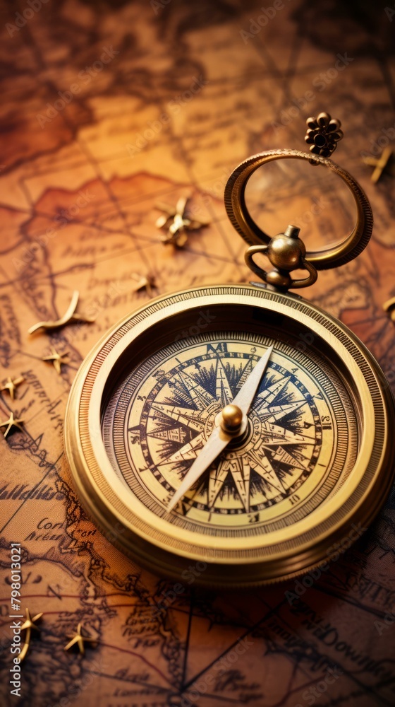 b'An Antique Brass Compass Sits on a Detailed World Map'