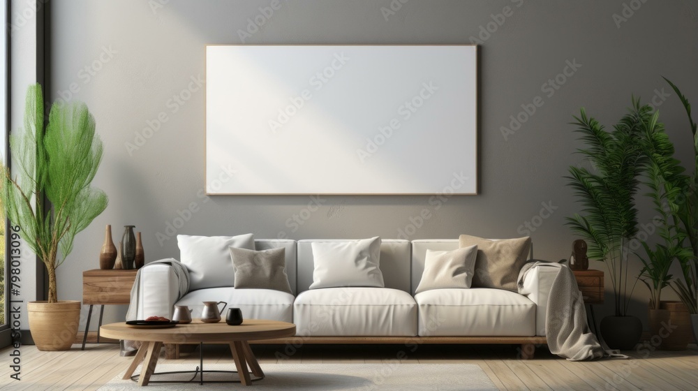 b'Bright living room interior with sofa and plants' b'Bright living room interior with sofa and plants'