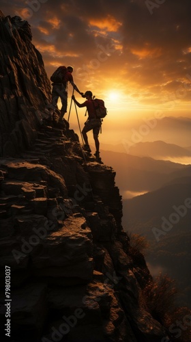 b'Two hikers helping each other on a mountain peak during sunset'