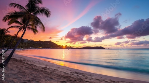 b Beach at sunset with palm trees and pink clouds 