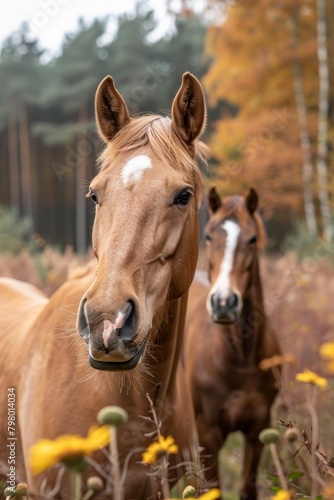 Horses grazing in a field with plenty of copy space for text, vertical composition
