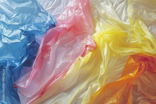 A pattern made of colorful plastic bags, symbolizing plastic pollution and environmental concerns.