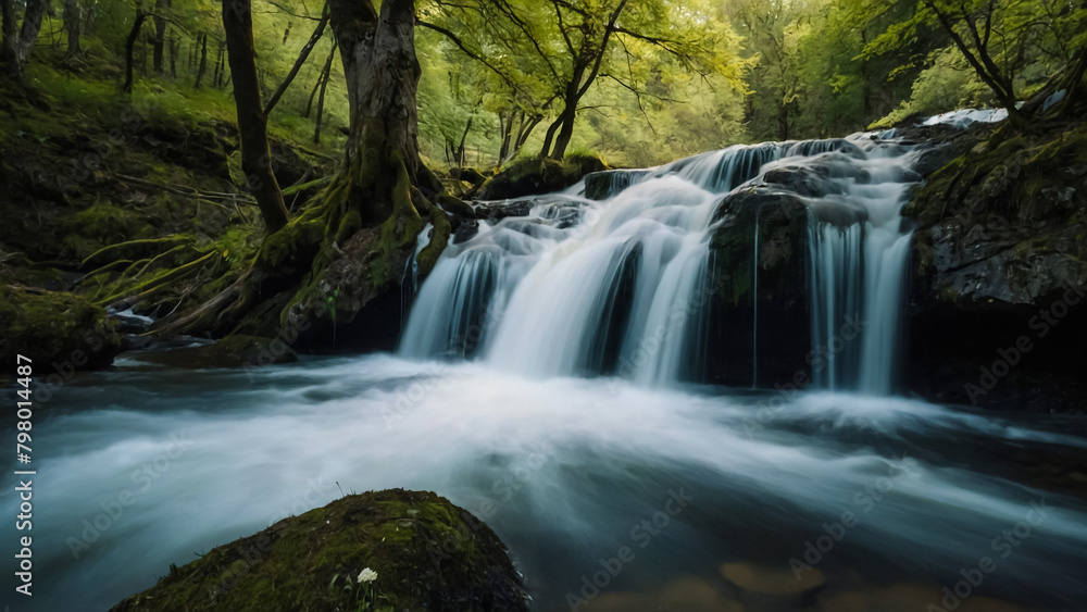 Landscape with river and forest with green trees. Silky crystal water and long exposure. Ordesa Pyrenees.
