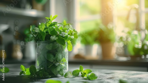 Mint in transparant package, kitchen background setting