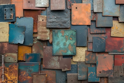 b'Rusted and painted metal plates background texture'