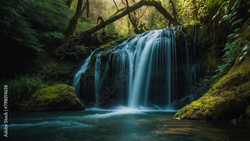 Landscape with river and forest with green trees. Silky crystal water and long exposure. Ordesa Pyrenees. 