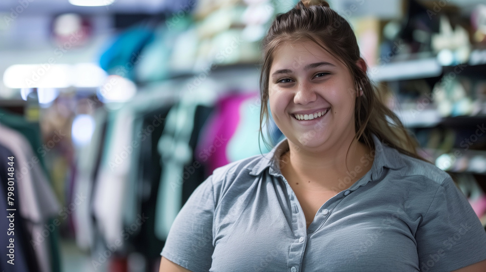 Retail Assistant: A friendly plus size girl at work in a retail store, assisting customers with their inquiries and providing excellent service with a warm smile, plus size girl at Retail Assistant: A friendly plus size girl at work in a retail store, assisting customers with their inquiries and providing excellent service with a warm smile, plus size girl at