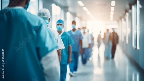 b'A group of doctors and nurses walk down a hospital hallway'