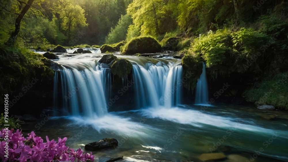 Obraz premium Landscape with river and forest with green trees. Silky crystal water and long exposure. Ordesa Pyrenees. 