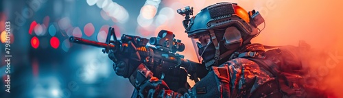 A soldier in full tactical gear is aiming his rifle down a city street. The background is out of focus and there are red and blue lights in the distance. photo