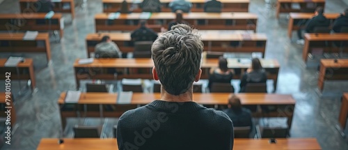 A student sitting in a nearly empty lecture hall.