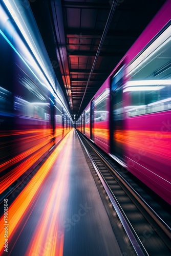 b'Motion blur of a subway train arriving at a station'