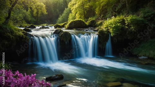 Landscape with river and forest with green trees. Silky crystal water and long exposure. Ordesa Pyrenees.
