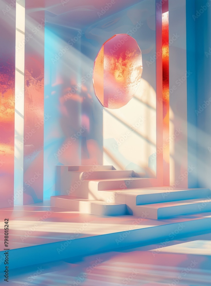 b'3D rendering of a surreal room with a large glowing sphere' b'3D rendering of a surreal room with a large glowing sphere'