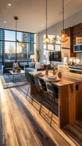 b'An open-concept living space with a large kitchen island and a wall of windows'