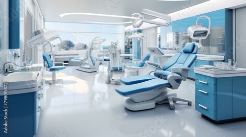 b The interior of a modern dental clinic with blue and white colors 