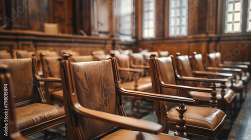 Stół i krzesło w sali sądowej sądownictwa.