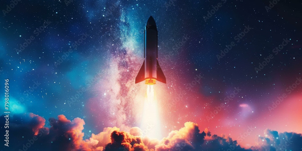 A rocket launching into space with a beautiful starry night sky in the background A rocket launching into space with a beautiful starry night sky in the background