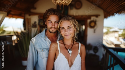 Caucasian couple taking a photo while on vacation in a rented house