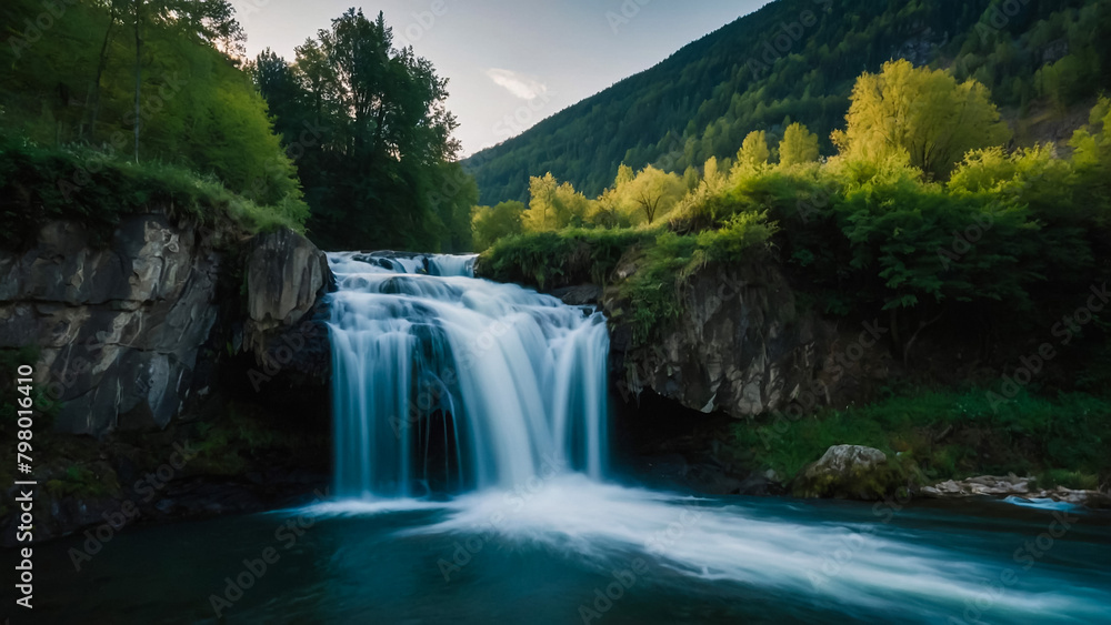 Landscape with river and forest with green trees. Silky crystal water and long exposure. Ordesa Pyrenees.
Landscape with river and forest with green trees. Silky crystal water and long exposure. Ordesa Pyrenees.