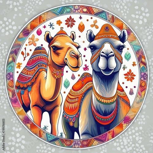 Circular Camel Stickers featuring enchanting illustrations of camels  photo