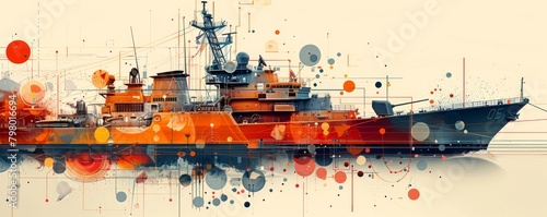 Stylized depiction of a navy mine countermeasures ship with abstract design elements photo