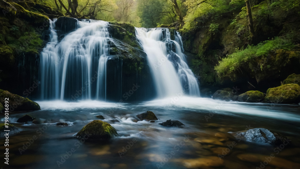 Landscape with river and forest with green trees. Silky crystal water and long exposure. Ordesa Pyrenees.
