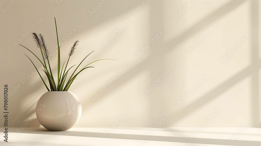 A beautiful minimalist still life image of a plant in a vase on a table against a beige background.