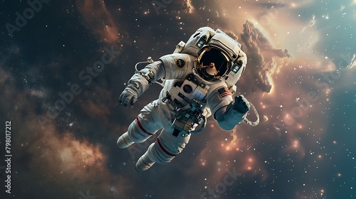 Astronaut in spacesuit floating in the vastness of space against a backdrop of stars and nebulae.