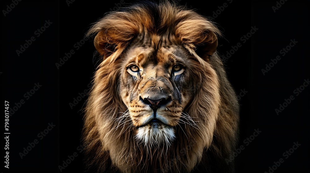 A powerful lion with a majestic mane stares intensely at the camera with a dark background.