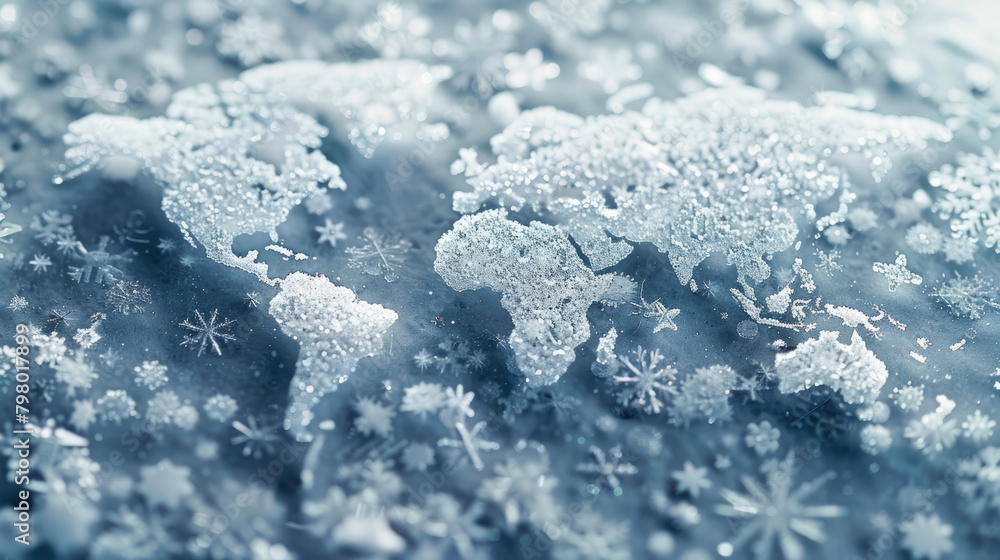 Obraz premium World map made of ice crystals on a snowy background