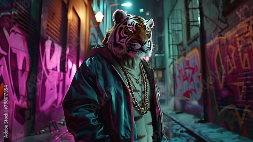 A cool tiger wearing a black leather jacket and gold chains is walking down a dark alleyway. The tiger's eyes are glowing in the dark.