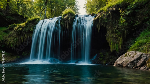 Landscape with river and forest with green trees. Silky crystal water and long exposure. Ordesa Pyrenees.

