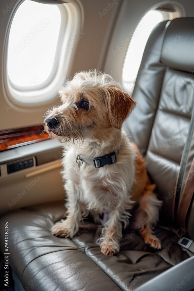 Pets on Board: Dogs Flying in Airplane Cabin. Cute dog comfortably seated in plane cabin chairs, embodying the concept of pet transportation, relocation, and emigration. Pets on Board: Dogs Flying in Airplane Cabin. Cute dog comfortably seated in plane cabin chairs, embodying the concept of pet transportation, relocation, and emigration.