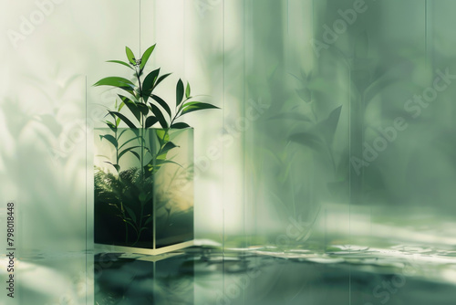 A digitally generated image depicting plants growing through a cubic shape, symbolizing nature's resilience and the integration of greenery into urban environments.