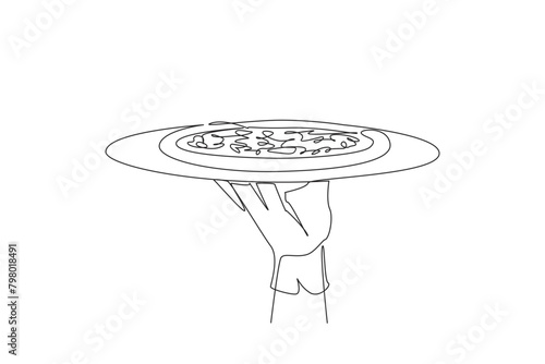 Single one line drawing waiter holding food tray serving pizza. Typical Italian food. Delicious. Lots of toppings. Pepperoni. Mold. Sausage. Mozzarella. Continuous line design graphic illustration