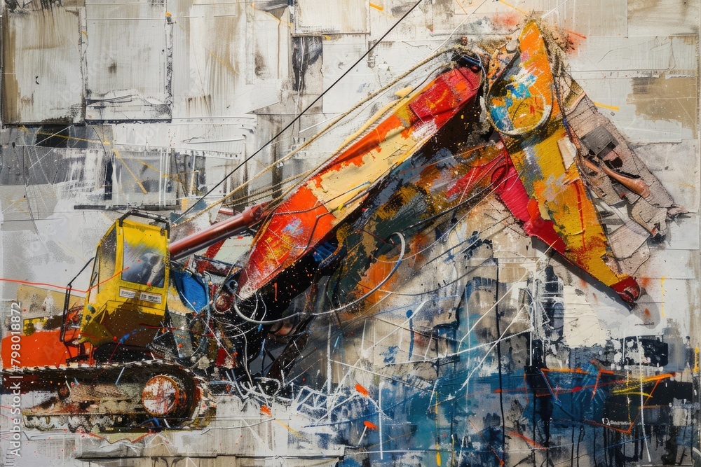 A painting of a bulldozer on a city street. Suitable for construction or urban development concepts