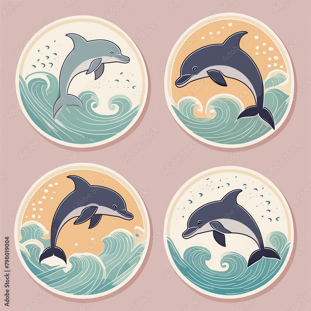 Fototapeta premium Circular Dolphin Stickers featuring images of dolphins gracefully swimming in sync