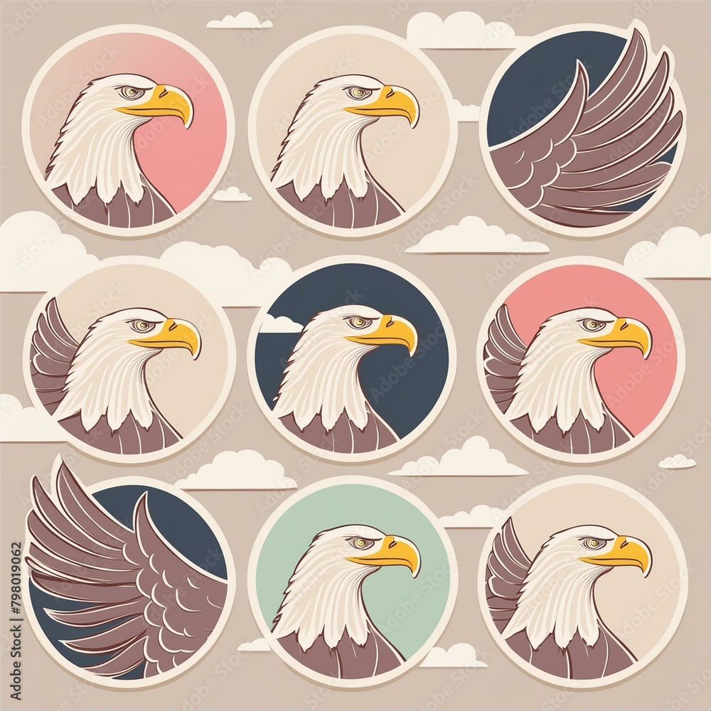 Circular Eagle Stickers adorned with images of eagles soaring high above the clouds Circular Eagle Stickers adorned with images of eagles soaring high above the clouds
