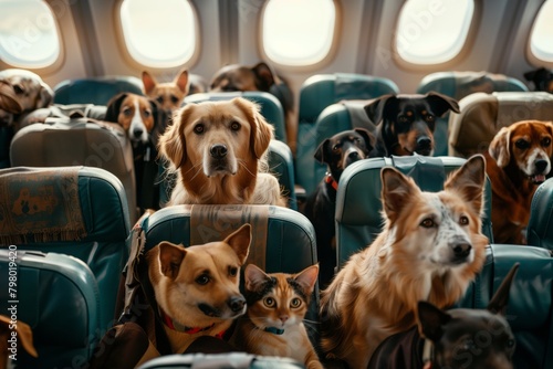 Pets on Board: Cats and Dogs Flying in Airplane Cabin. Cats and dogs comfortably seated in plane cabin chairs, embodying the concept of pet transportation, relocation, and emigration.